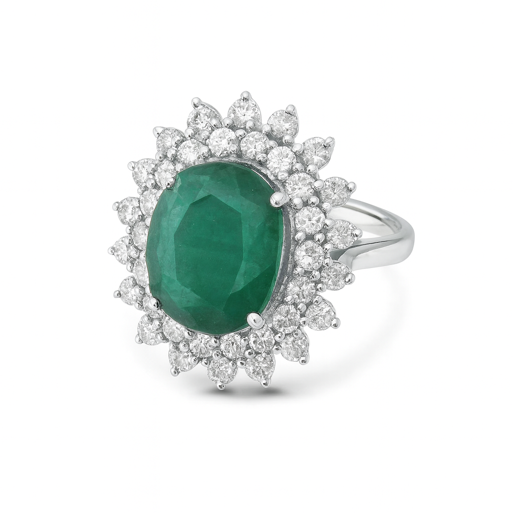 Oval Cut Genuine Emerald & Double Diamond Halo Engagement Ring (8.90 ct.) in 14K Gold