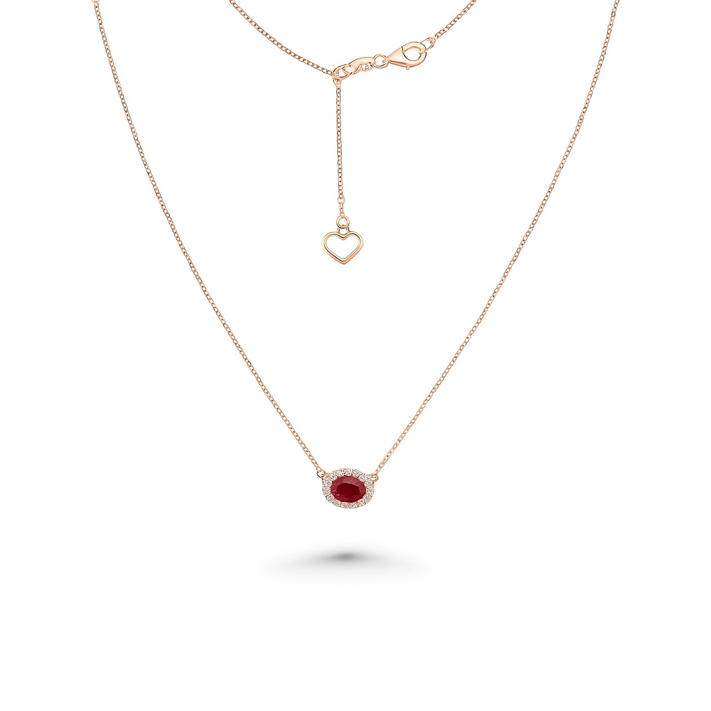 Oval Red Ruby With Diamond Halo Necklace (0.59 ct.) in 18K Gold