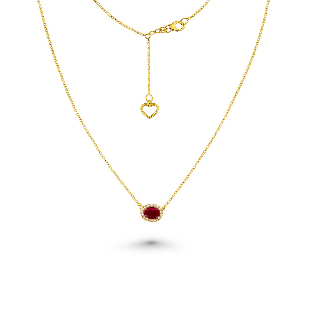 Oval Red Ruby With Diamond Halo Necklace (0.59 ct.) in 18K Gold