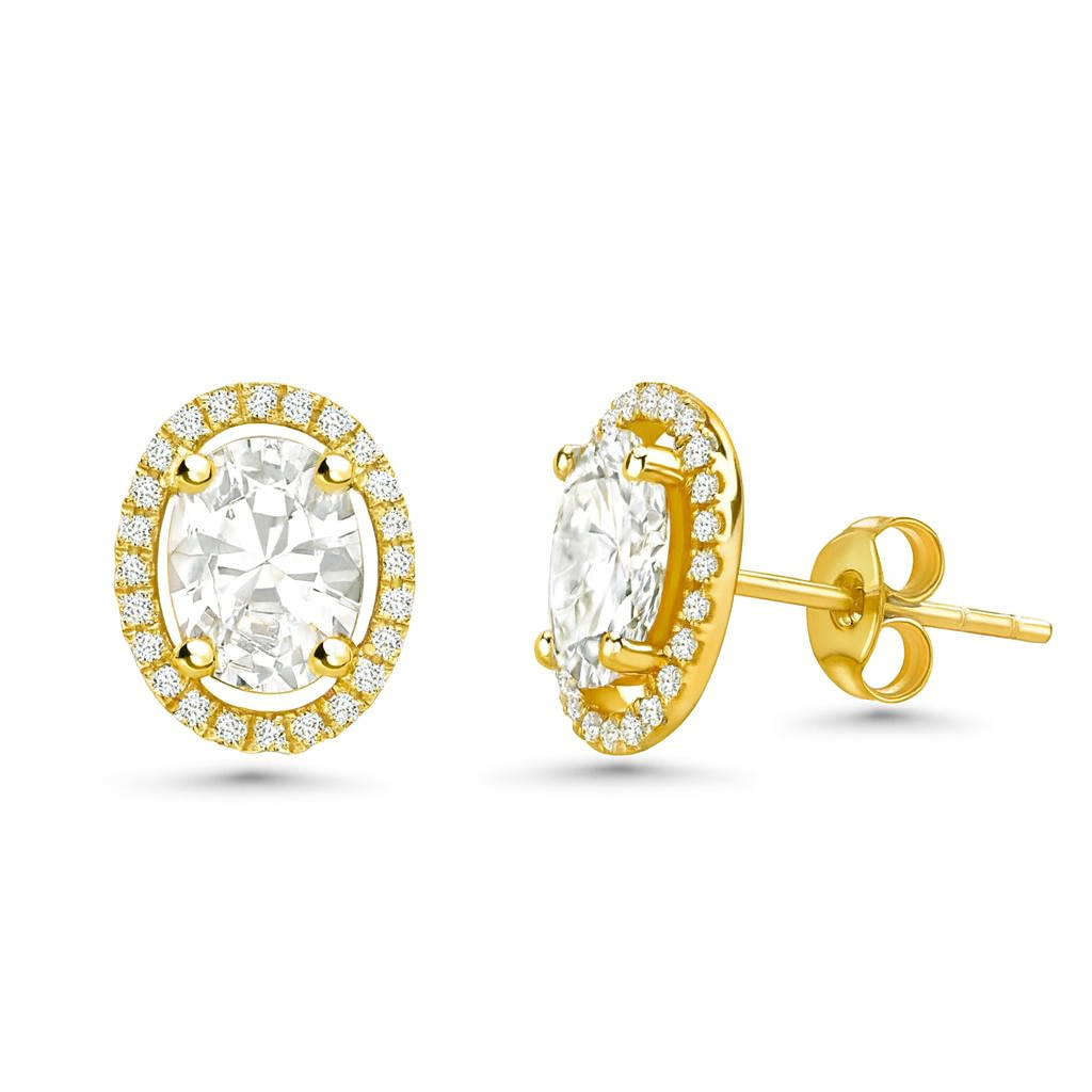 Oval Shape Diamond With Halo Studs Earrings (0.71 ct.) in 14K Gold