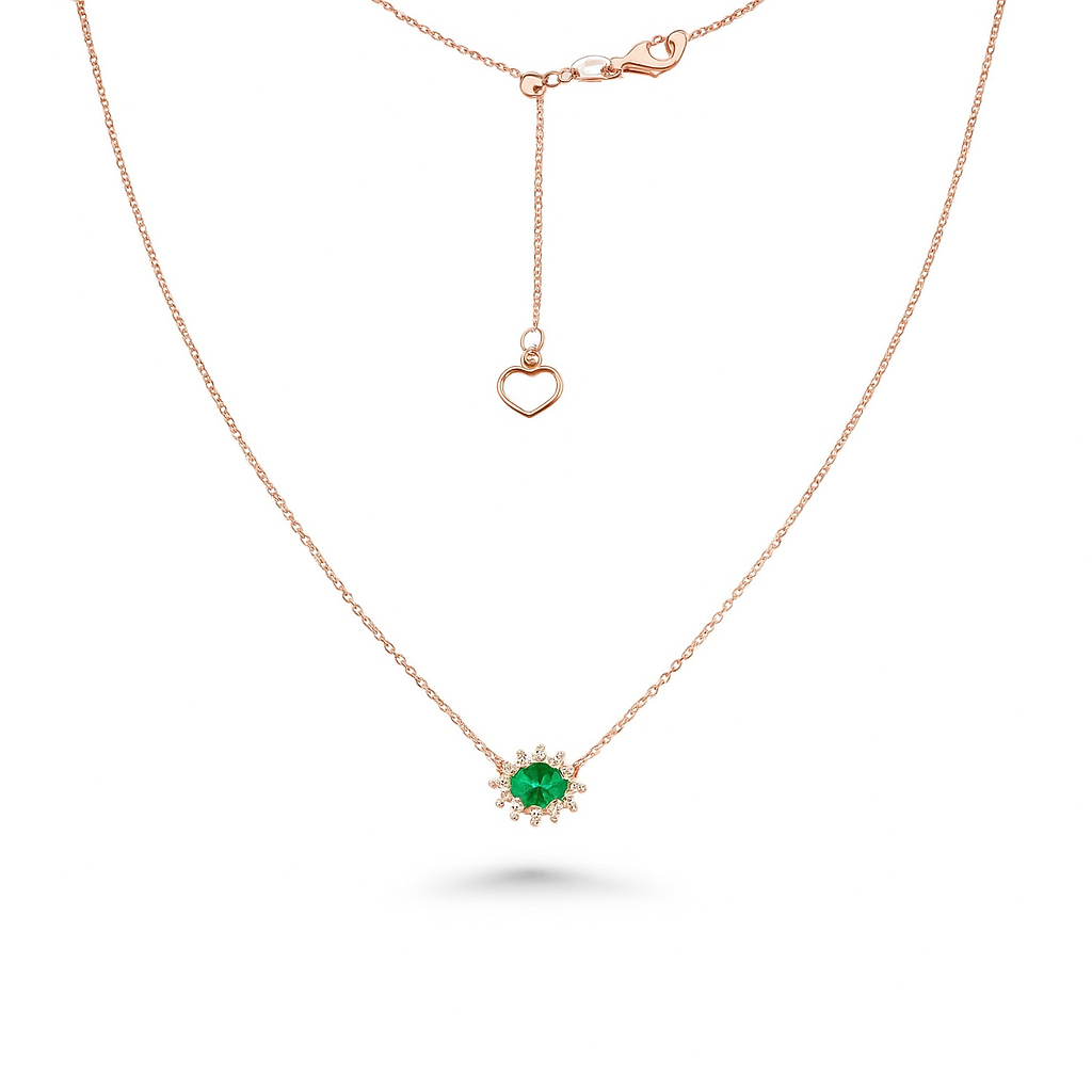 Oval Shape Emerald & Diamond Necklace (0.60 ct.) in 18K Gold