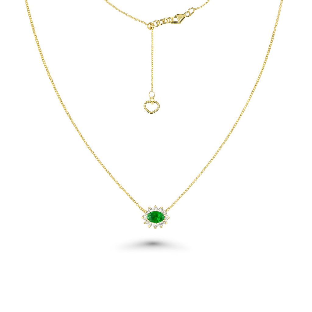 Oval Shape Emerald & Diamond Necklace (0.60 ct.) in 18K Gold