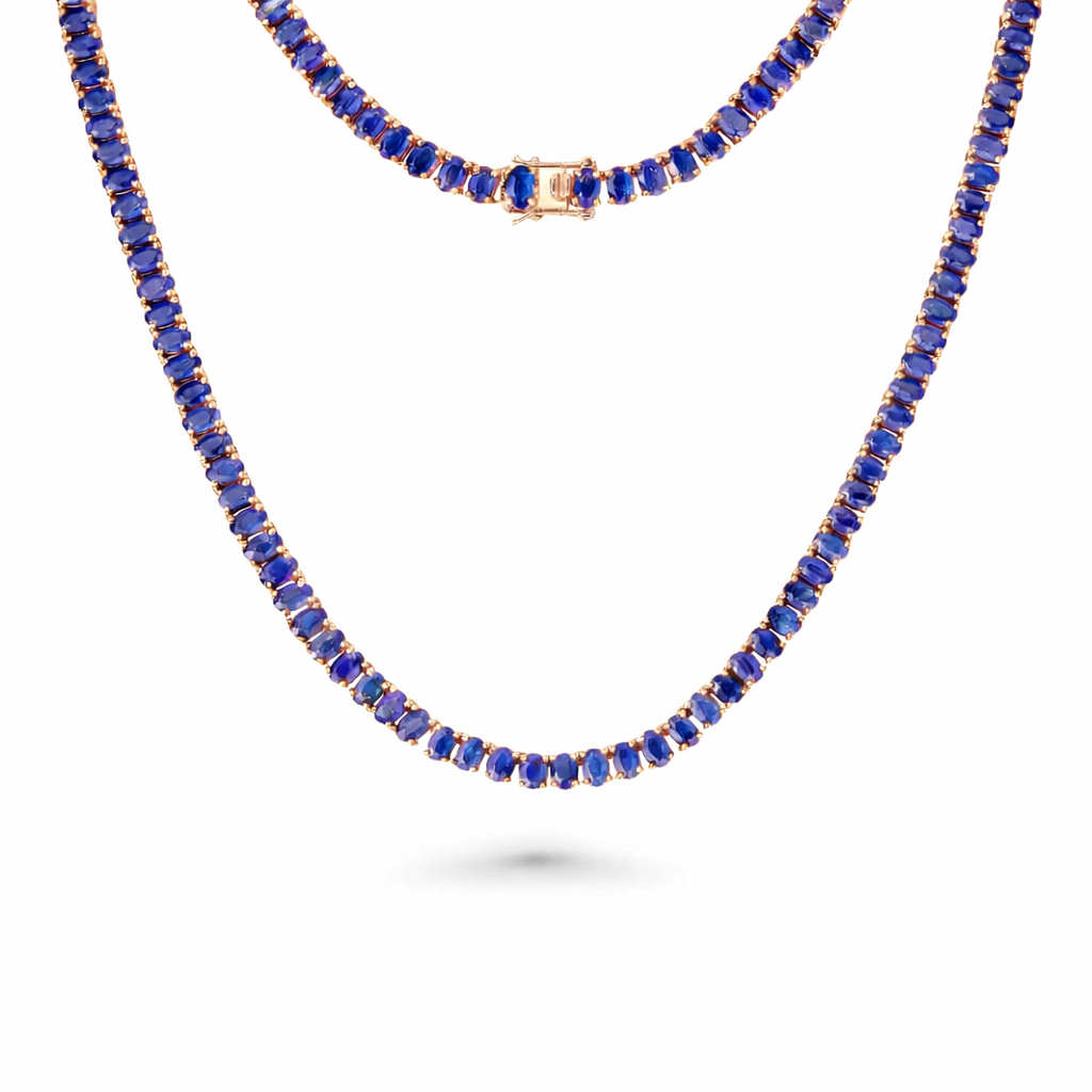 Oval Shape Sapphire Tennis Necklace (41.24 ct.) 4-Prongs Setting in 14K Gold