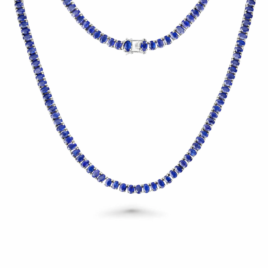 Oval Shape Sapphire Tennis Necklace (41.24 ct.) 4-Prongs Setting in 14K Gold