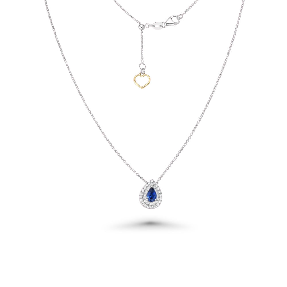 Pear Shape Blue Sapphire With Diamond Halo Necklace (0.73 ct.) in 18K Gold