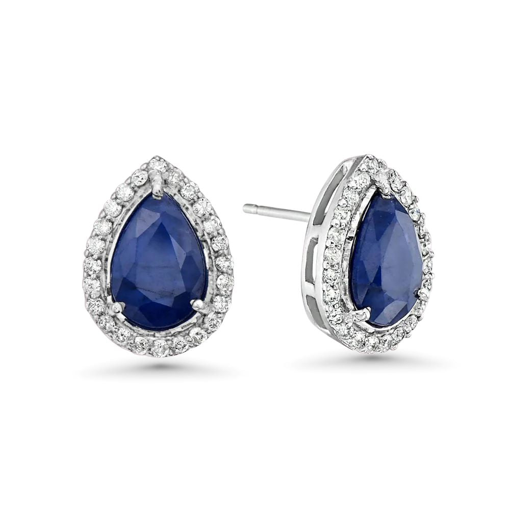 Pear Shape Blue Sapphire With Halo Diamond Studs Earrings (1.20 ct.) in 14K Gold