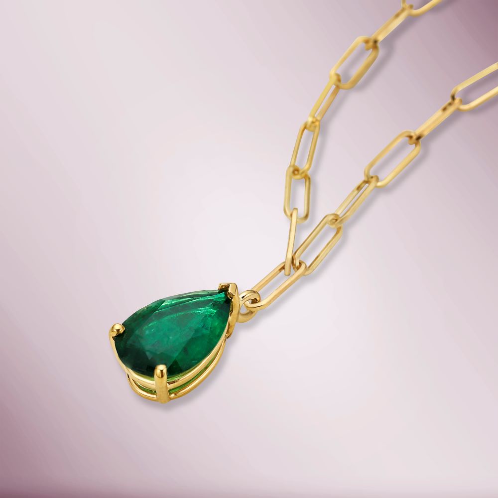 Pear Shape Emerald Necklace With Paper Clip Chain in 14K Gold