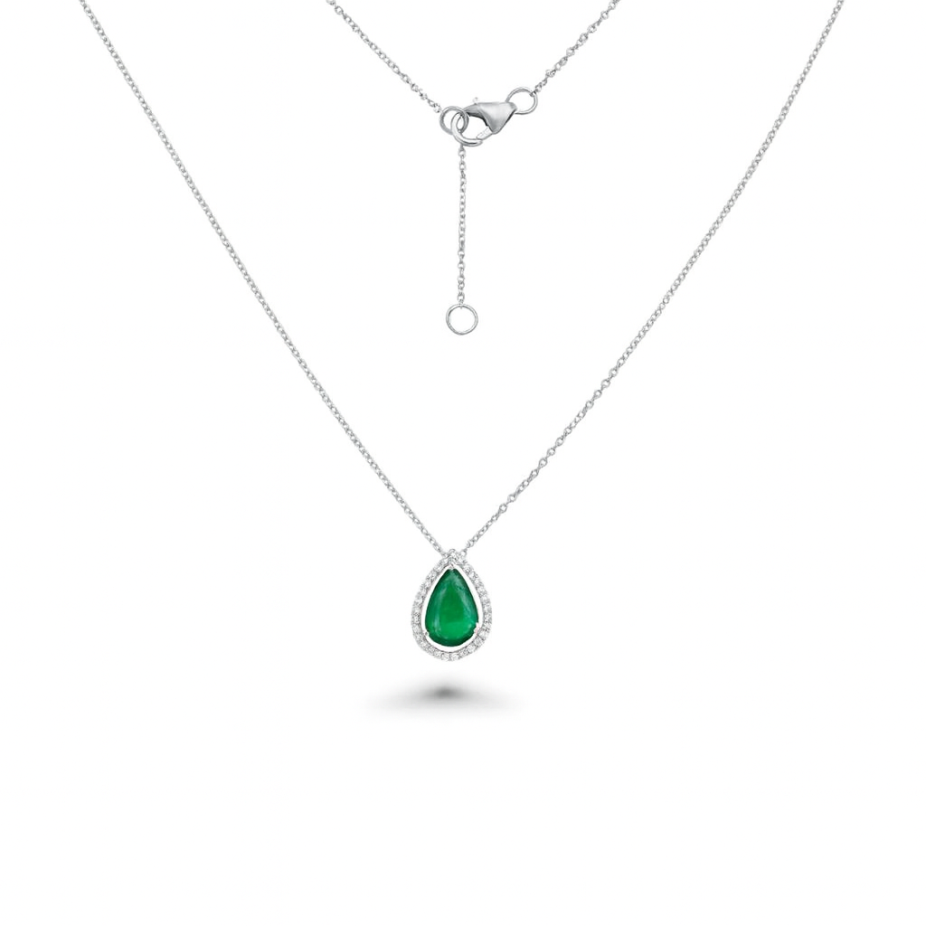 Pear Shape Emerald With Diamond Halo Necklace (2.90 ct.) in 14K Gold
