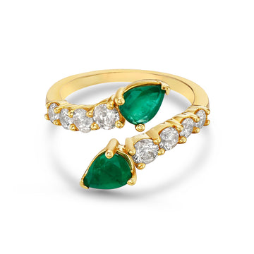 Pear Shape Emerald & Diamond Open Wrap Ring (1.56 ct.) 4-Prongs Setting in 14K Gold
