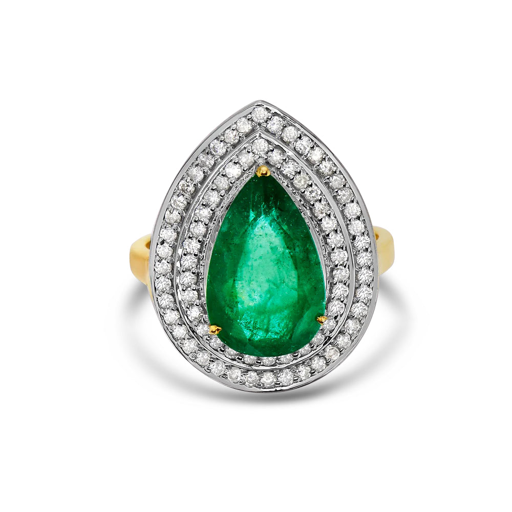 Pear Shape Emerald & Double Diamond Halo Engagement Ring (4.60 ct.) in 14K Gold