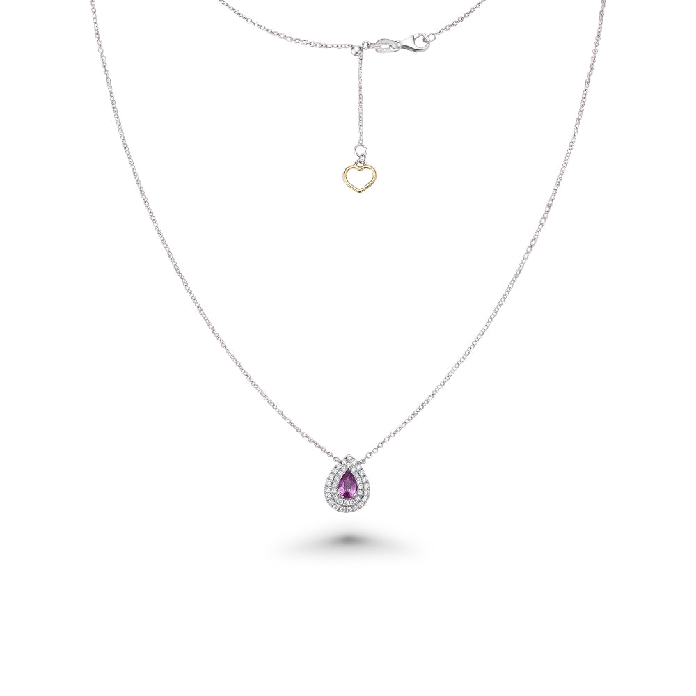 Pear Shape Pink Sapphire With Diamond Halo Necklace (0.73 ct.) in 18K Gold