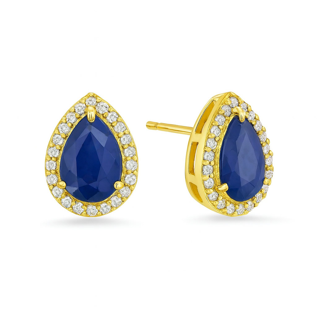 Pear Shape Blue Sapphire With Halo Diamond Studs Earrings (1.20 ct.) in 14K Gold