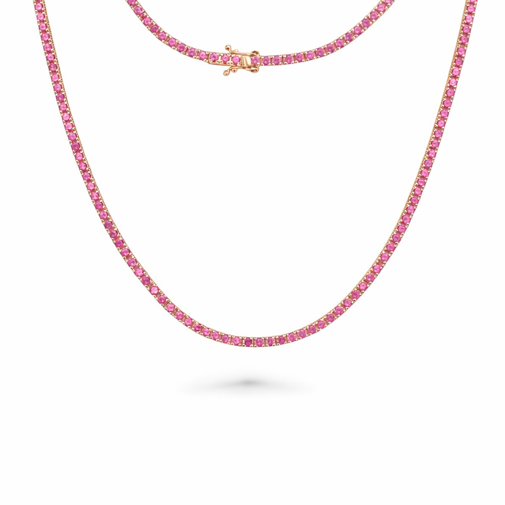 Pink Sapphire Tennis Necklace (5.50 ct.) 4-Prongs Setting in 14K Gold
