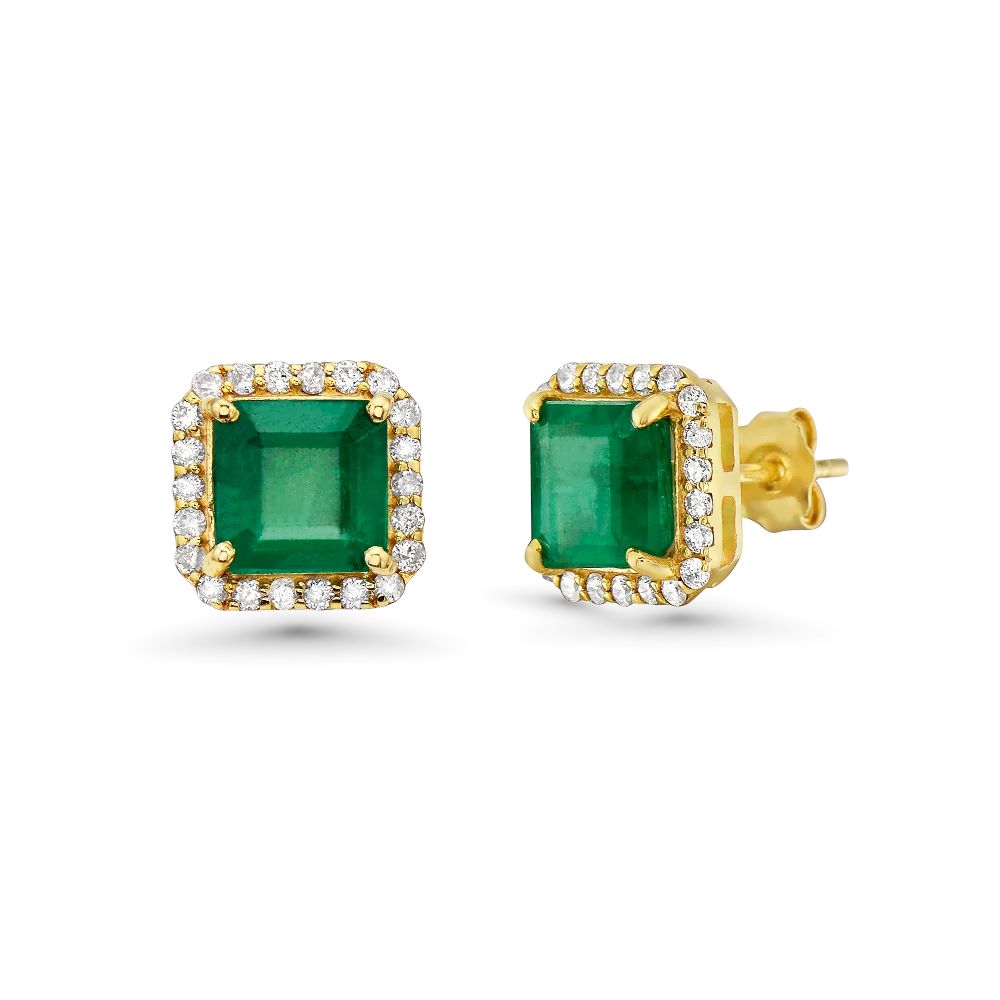 Princess Cut Emerald With Diamond Halo Studs Earrings (2.64 ct.) in 14K Gold