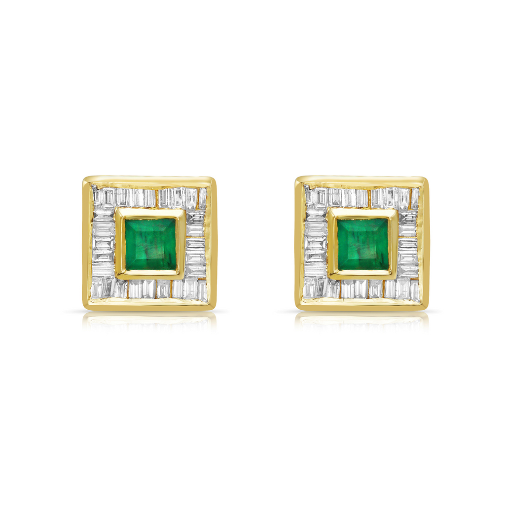 Princess Cut Emerald with Baguette Diamond Halo Studs Earrings (3.10 ct.) in 14K Gold
