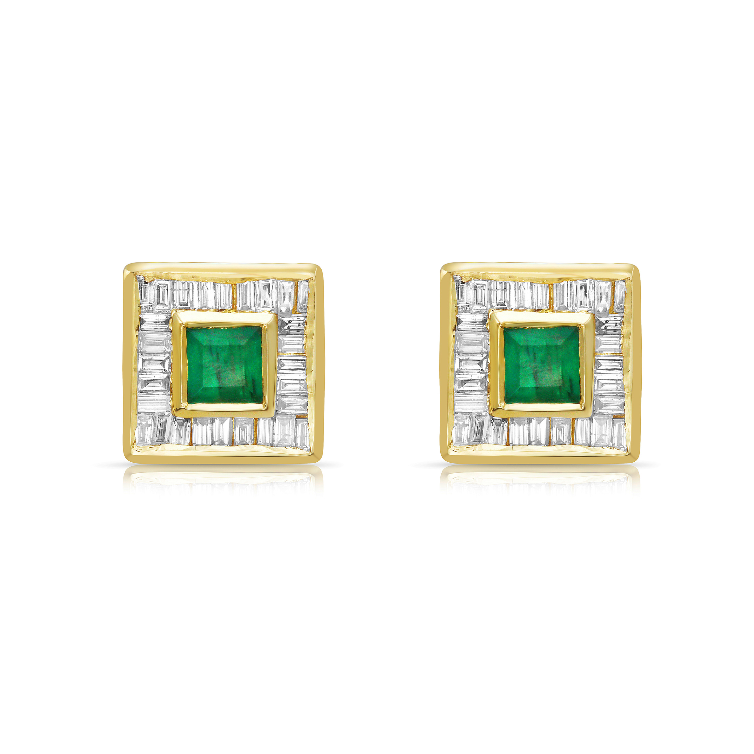 Princess Cut Emerald with Baguette Diamond Halo Studs Earrings (3.10 ct.) in 14K Gold