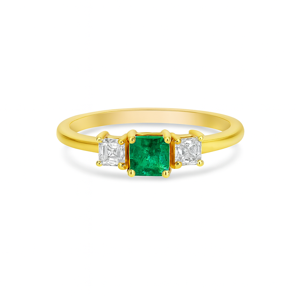 Princess Cut Emerald & Princess Cut Diamond Ring (0.60 ct.) 4-Prongs Setting in 14K Gold