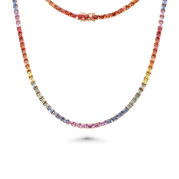 Rainbow Multi Color Sapphire Emerald Cut Tennis Necklace (25.00 ct.) 4-Prongs Setting in 14K Gold