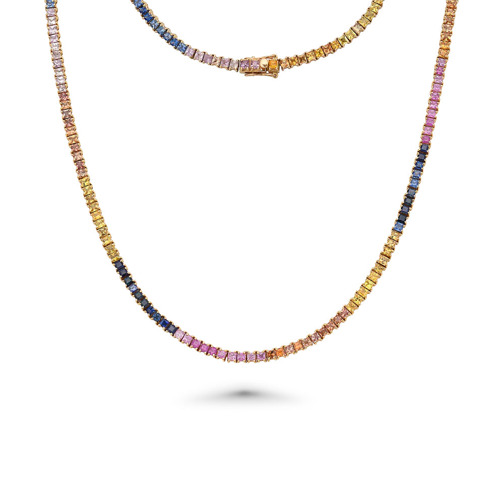 Rainbow Multi Color Sapphire Tennis Necklace ( 14.50 ct.) in 14K Gold |  Capucelli