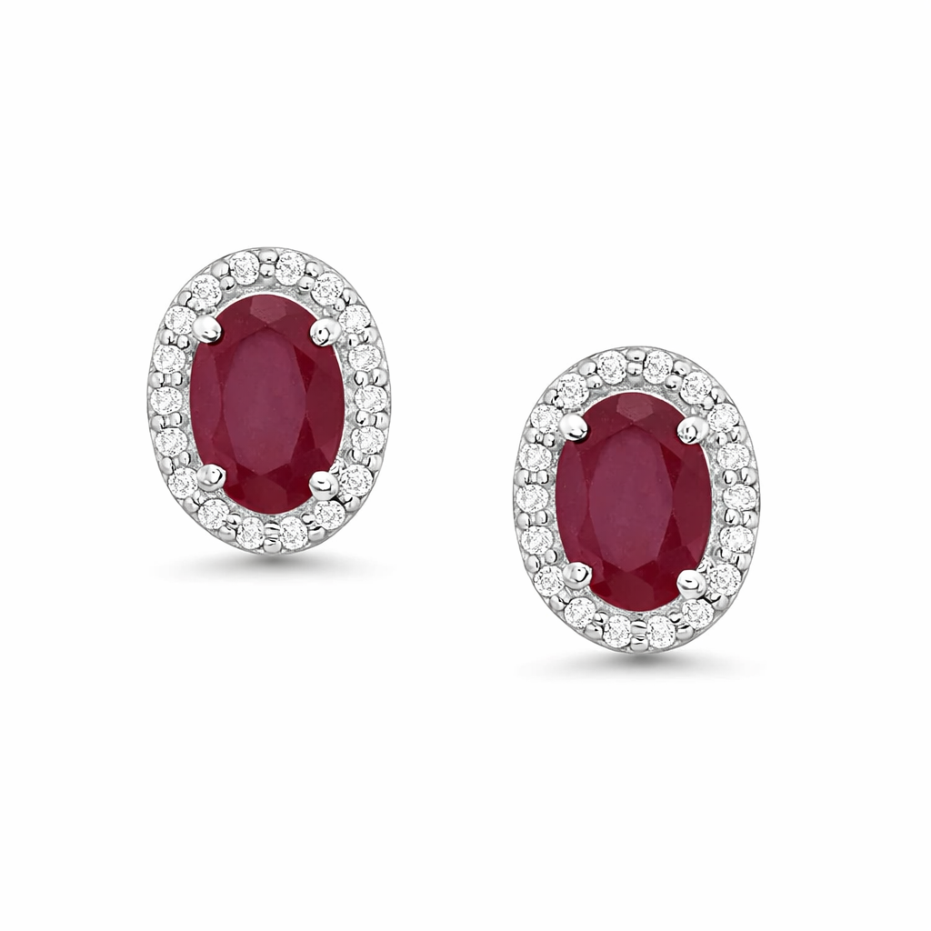 Red Ruby Oval Shape Halo Diamonds Studs Earrings (1.40 ct.) in 14K Gold