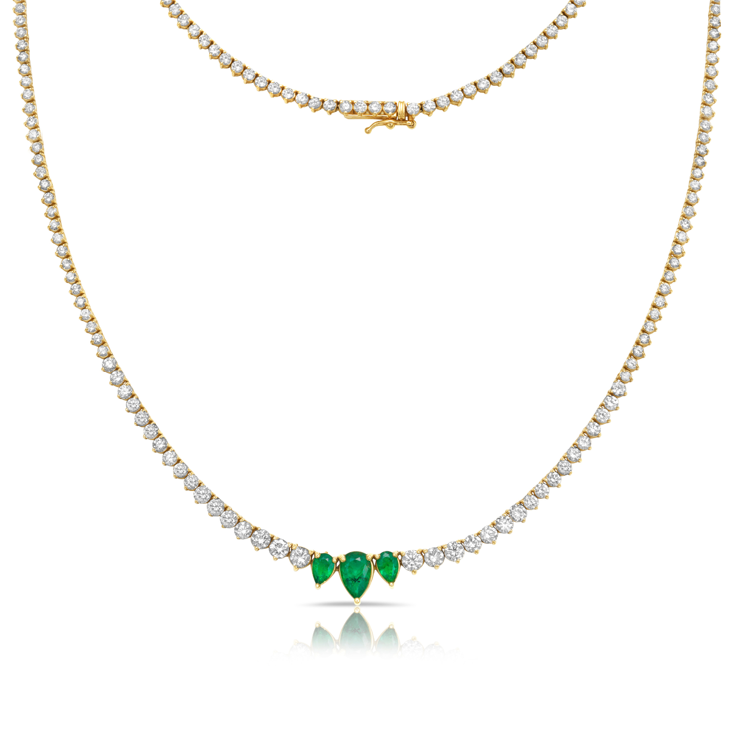 Riviera Diamond and Emerald Tennis Necklace (10.00 ct.) 2.80 mm to 10.00 mm 3-Prongs Setting in 14K Gold