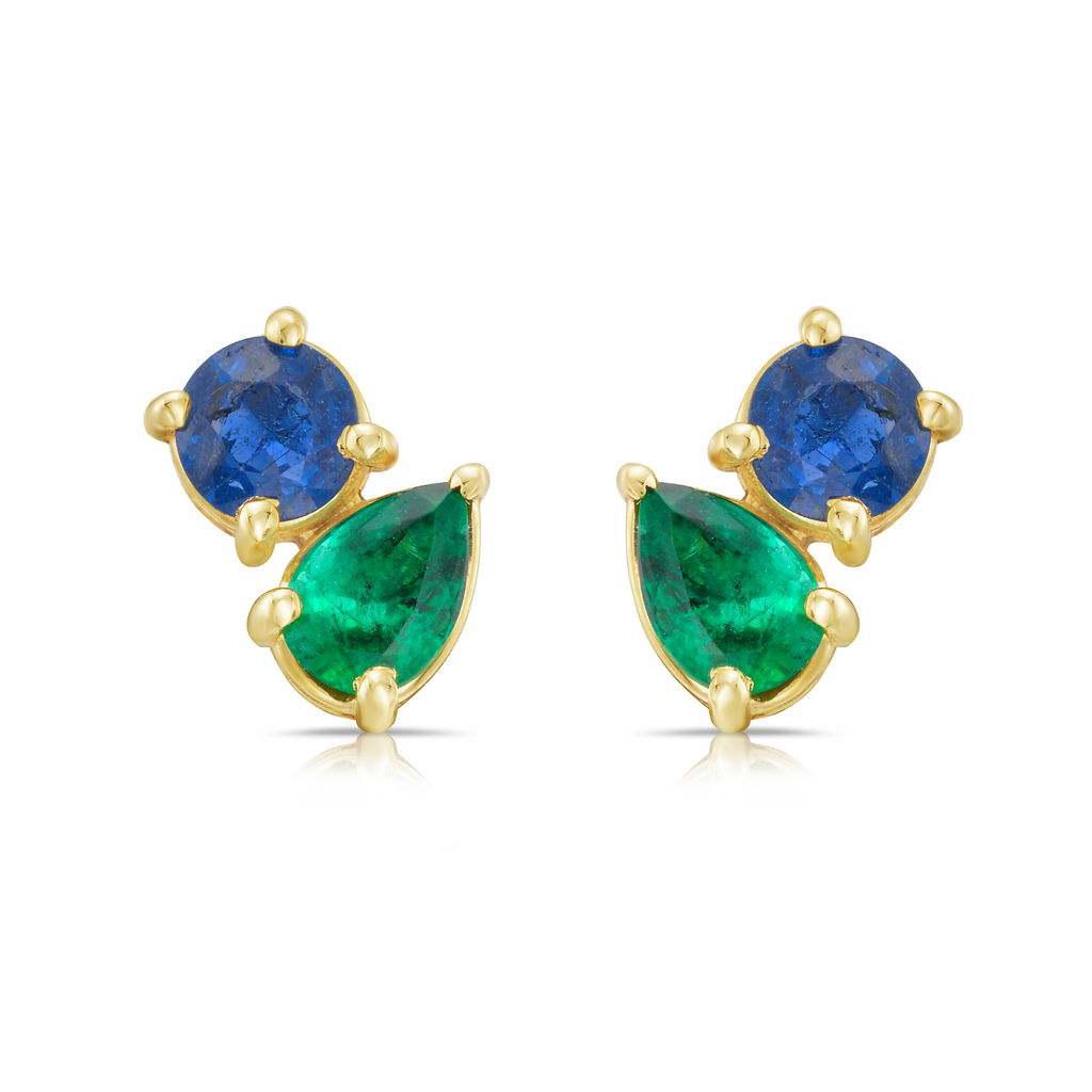 Round Sapphire and Pear Emerald Toi et Moi Earrings (1.20 ct.) in 14kt Yellow Gold