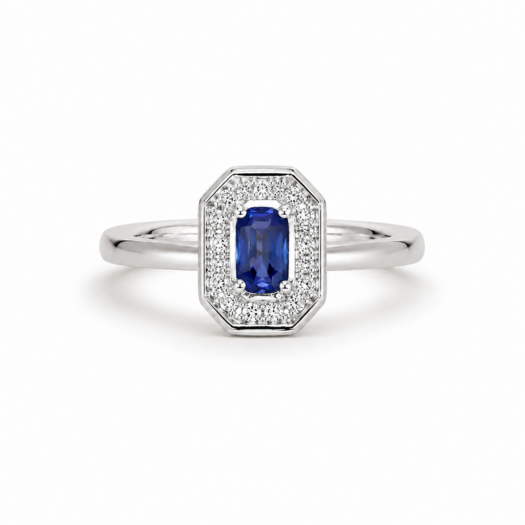 Sapphire & Diamond Halo Shield Ring (0.55 ct.) in 14K Gold