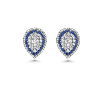 Triple Halo Diamond & Sapphires Pear Shape Studs Earrings (1.00 ct.) 14K Gold