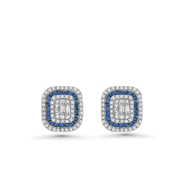 Triple Halo Diamonds & Blue Sapphire Rectangular Shape Studs Earrings (1.00 ct.) in 14K Gold