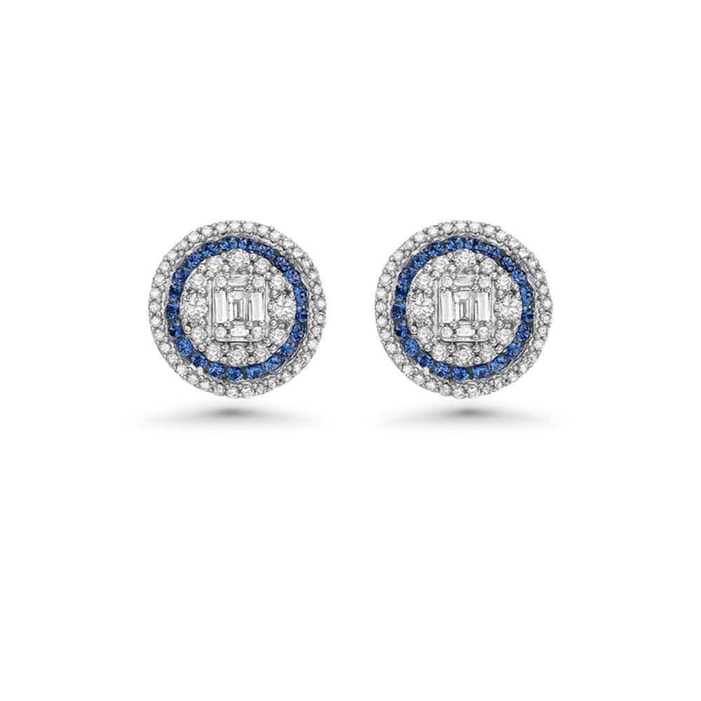 Triple Halo Diamonds & Blue Sapphires Round Shape Studs Earrings (1.00 ct.) in 14K Gold