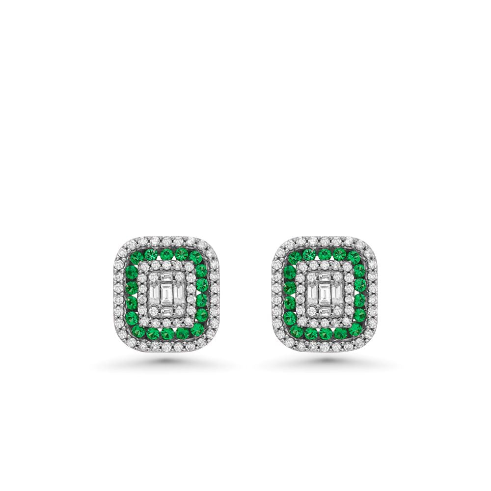 Triple Halo Diamonds & Emerald Rectangular Shape Studs Earrings (1.00 ct.) in 14K Gold