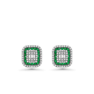 Triple Halo Diamonds & Emerald Rectangular Shape Studs Earrings (1.00 ct.) in 14K Gold