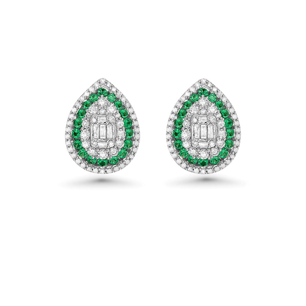 Triple Halo Diamonds & Emeralds Pear Shape Studs Earrings (1.00 ct.) in 14K Gold