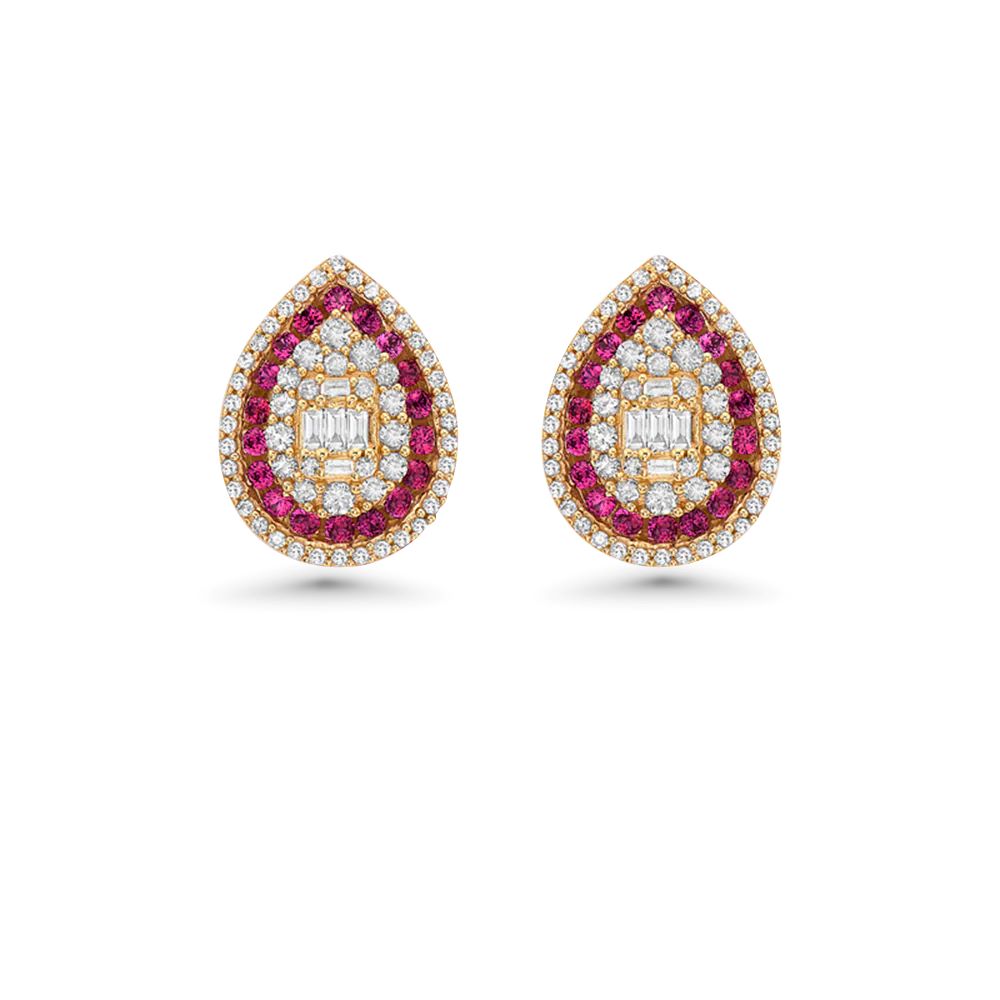 Triple Halo Diamonds & Rubies Pear Shape Studs Earring (1.45 ct.) in 14K Gold