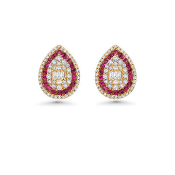 Triple Halo Diamonds & Rubies Pear Shape Studs Earring (1.45 ct.) in 14K Gold