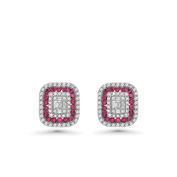 Triple Halo Diamonds & Rubies Rectangular Shape Studs Earrings (1.00 ct.) in 14K Gold