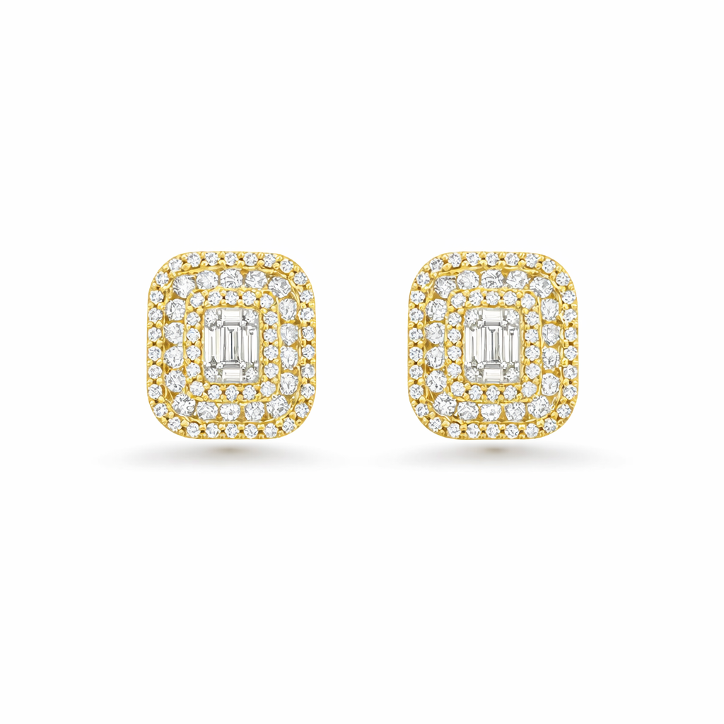 Triple Halo Diamond Rectangular Shape Studs Earrings (2.00 ct.) in 14K Gold