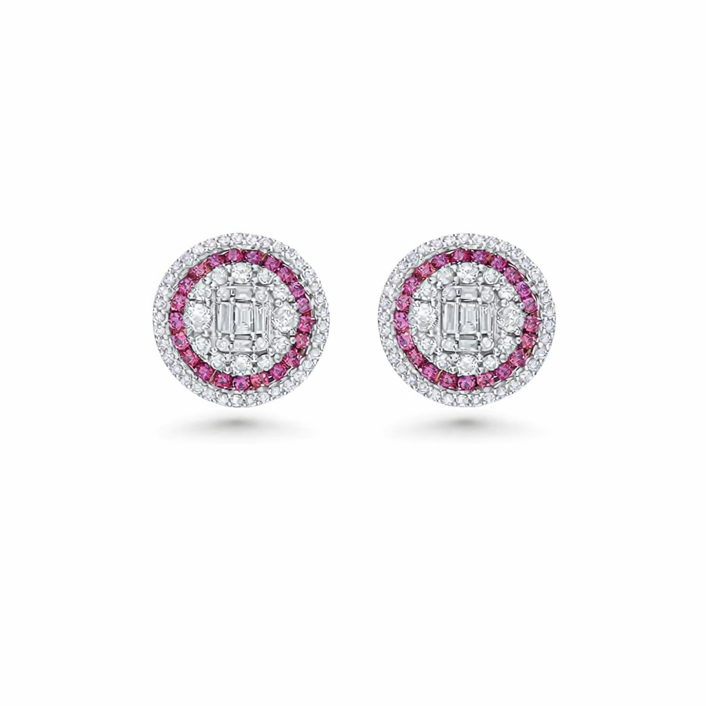Triple Halo Diamonds & Rubies Round Shape Studs Earrings (1.20 ct.) in 14K Gold