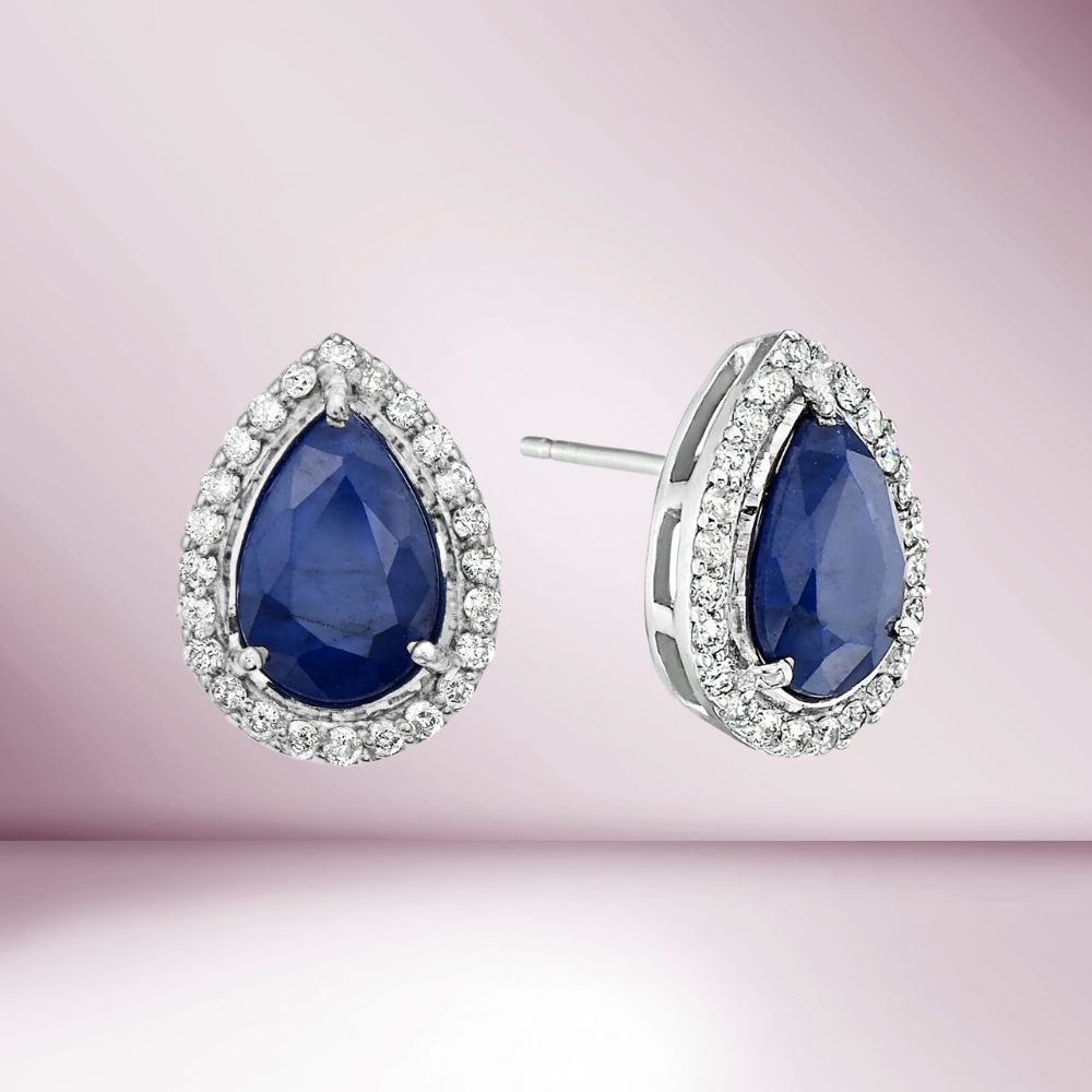 Pear Shape Blue Sapphire With Halo Diamond Studs Earrings (4.91 ct.) in 14K Gold