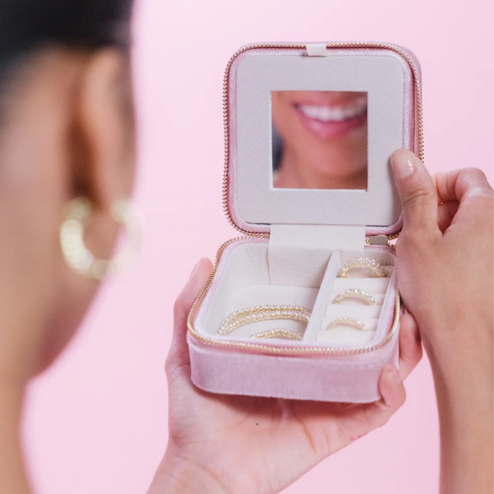 Portable Velvet Travel Box Ring Earring Jewelry Box Mirror Organizer Jewelry Storage Case