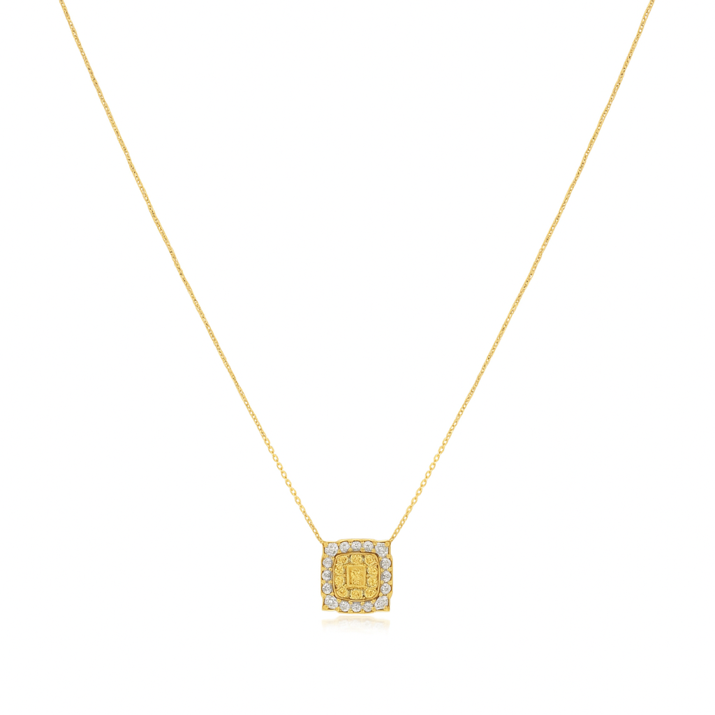 Yellow Diamond Double Halo Cushion Cut Necklace (0.30 ct.) in 14K Gold
