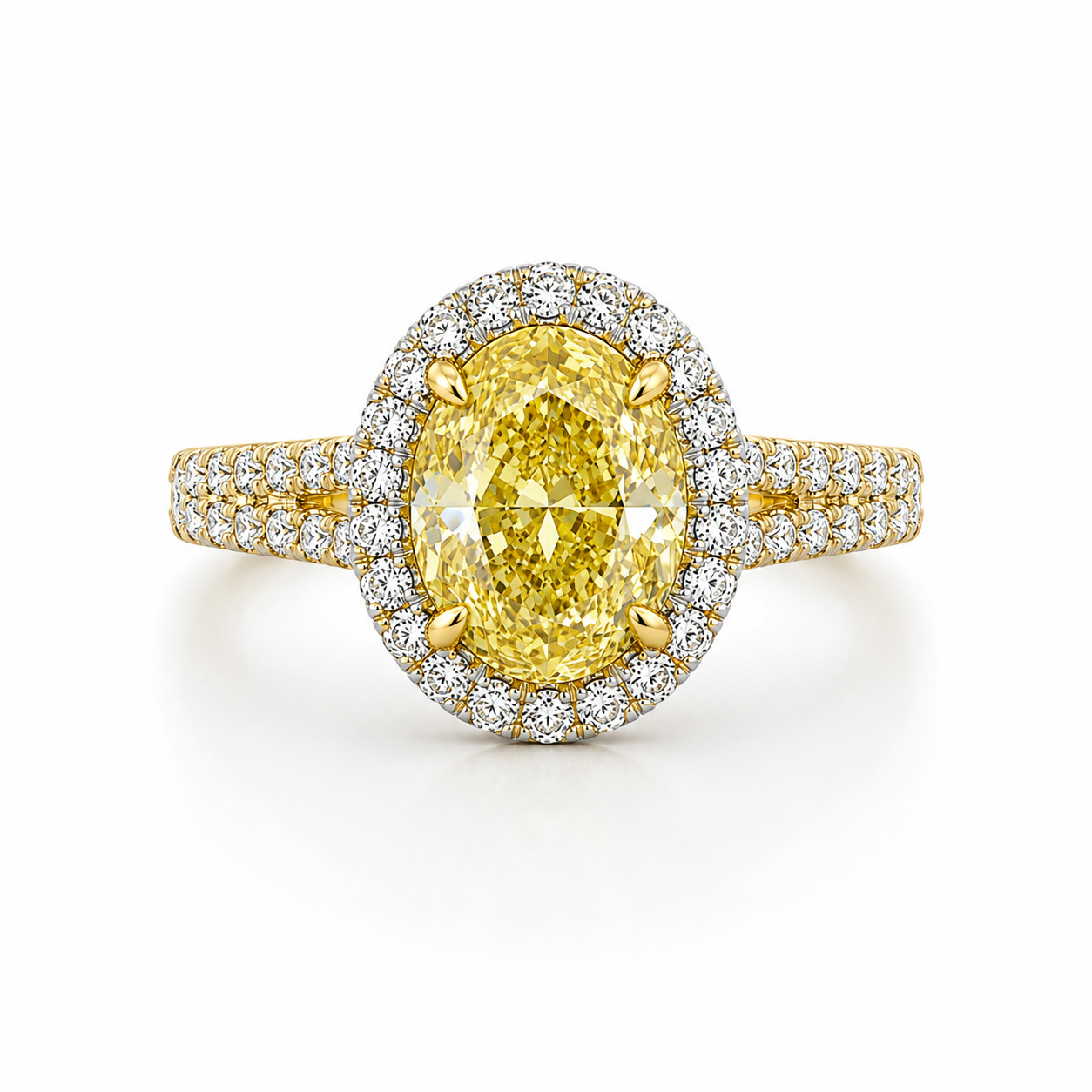Lab Grown Diamond (2.00 ct.) Fancy Yellow Oval Cut Halo Diamonds Setting Engagement Ring in 14K Gold
