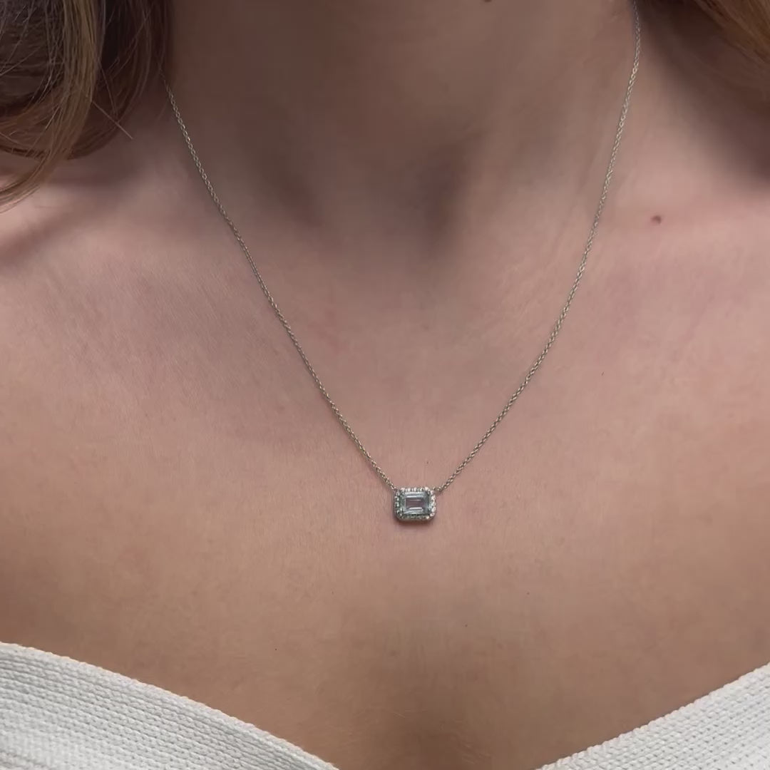 Emerald Cut Aquamarine & Diamond Halo Necklace (1.13 ct.) in 14K Gold