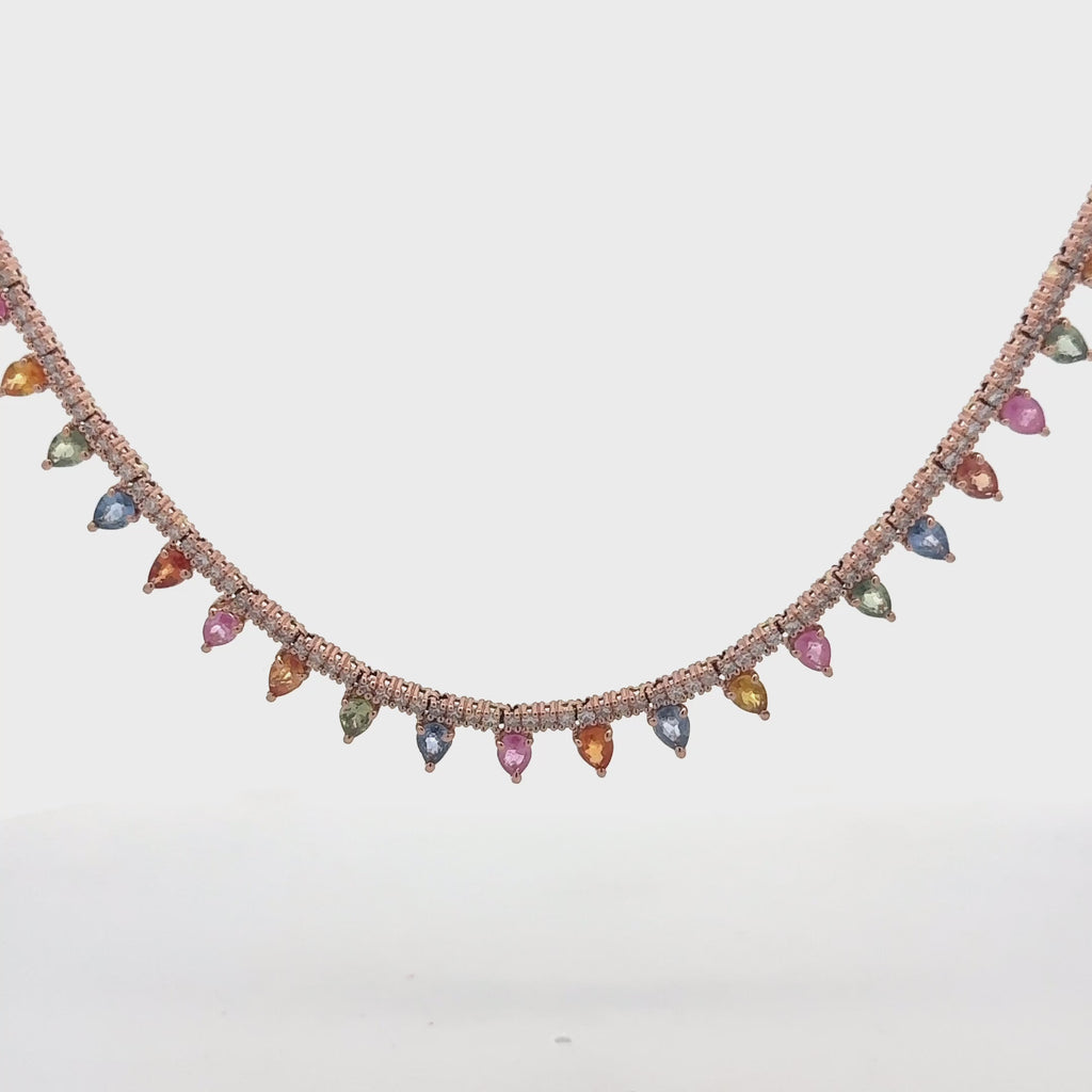 Diamond & Dangling Pear Shape Rainbow Sapphire Tennis Necklace (8.15 ct.) in 14K Gold