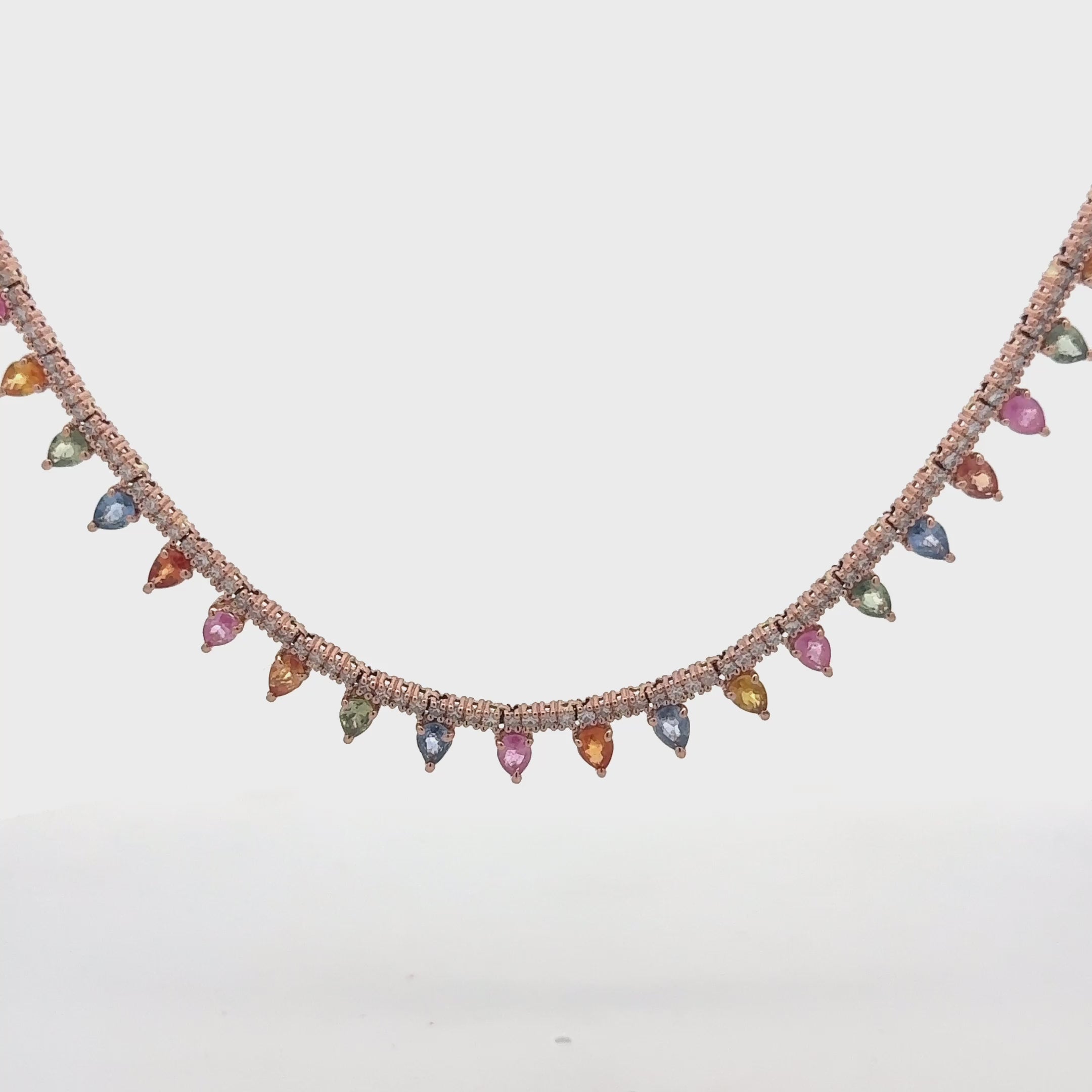 Diamond & Dangling Pear Shape Rainbow Sapphire Tennis Necklace (8.15 ct.) in 14K Gold