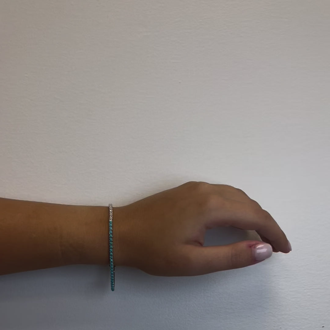 Half Diamond & Half Turquoise Tennis Bracelet (3.80 ct.) 4-Prongs Setting in 14K Gold