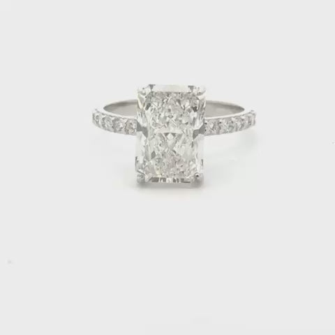 Lab Grown Diamond (4.50 ct.) Radiant Hidden Halo Pave' Band Engagement Ring in 14K Gold