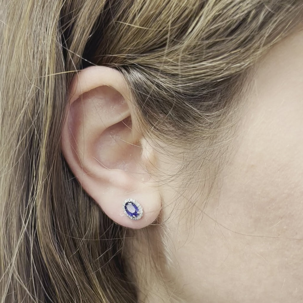 Blue Sapphire Oval Shape Halo Diamonds Studs Earrings (1.60 ct.) in 14K Gold