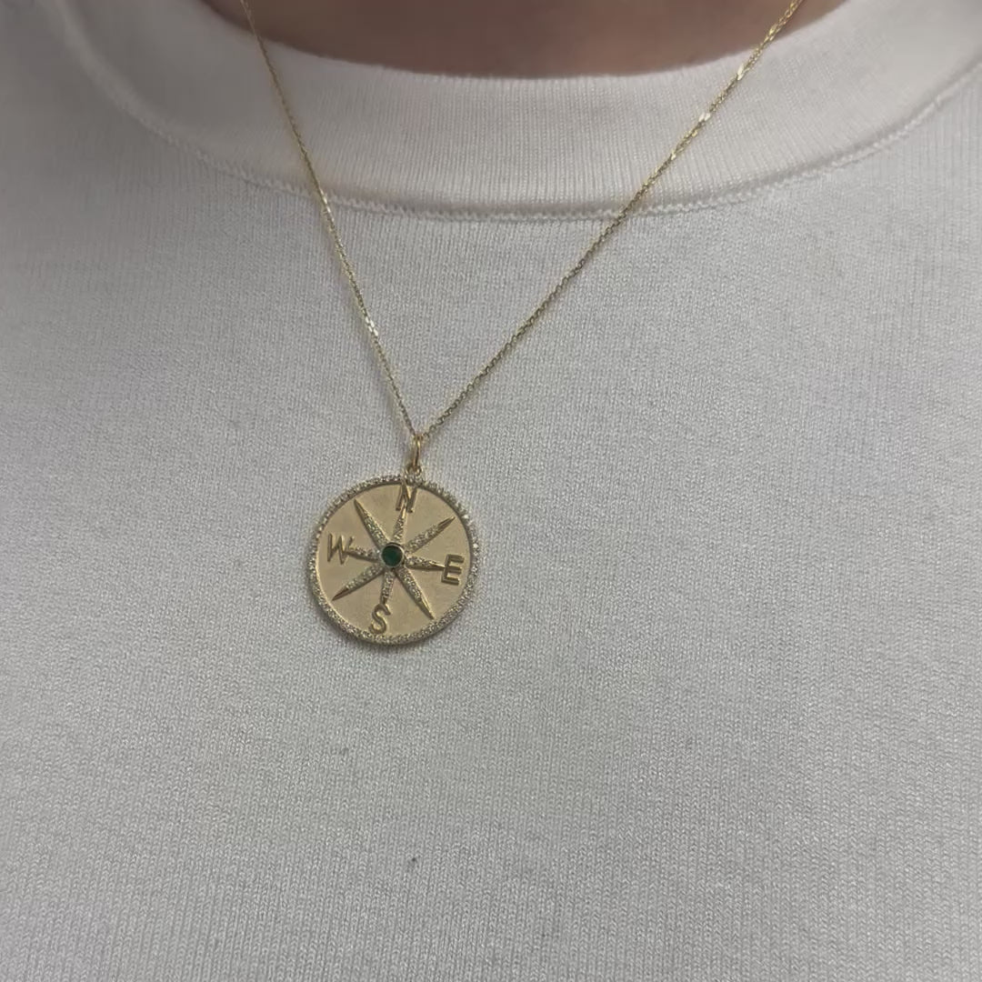Diamond and Emerald Medallion Compass Coin Pendant Necklace (0.70 ct.) in 14K Gold