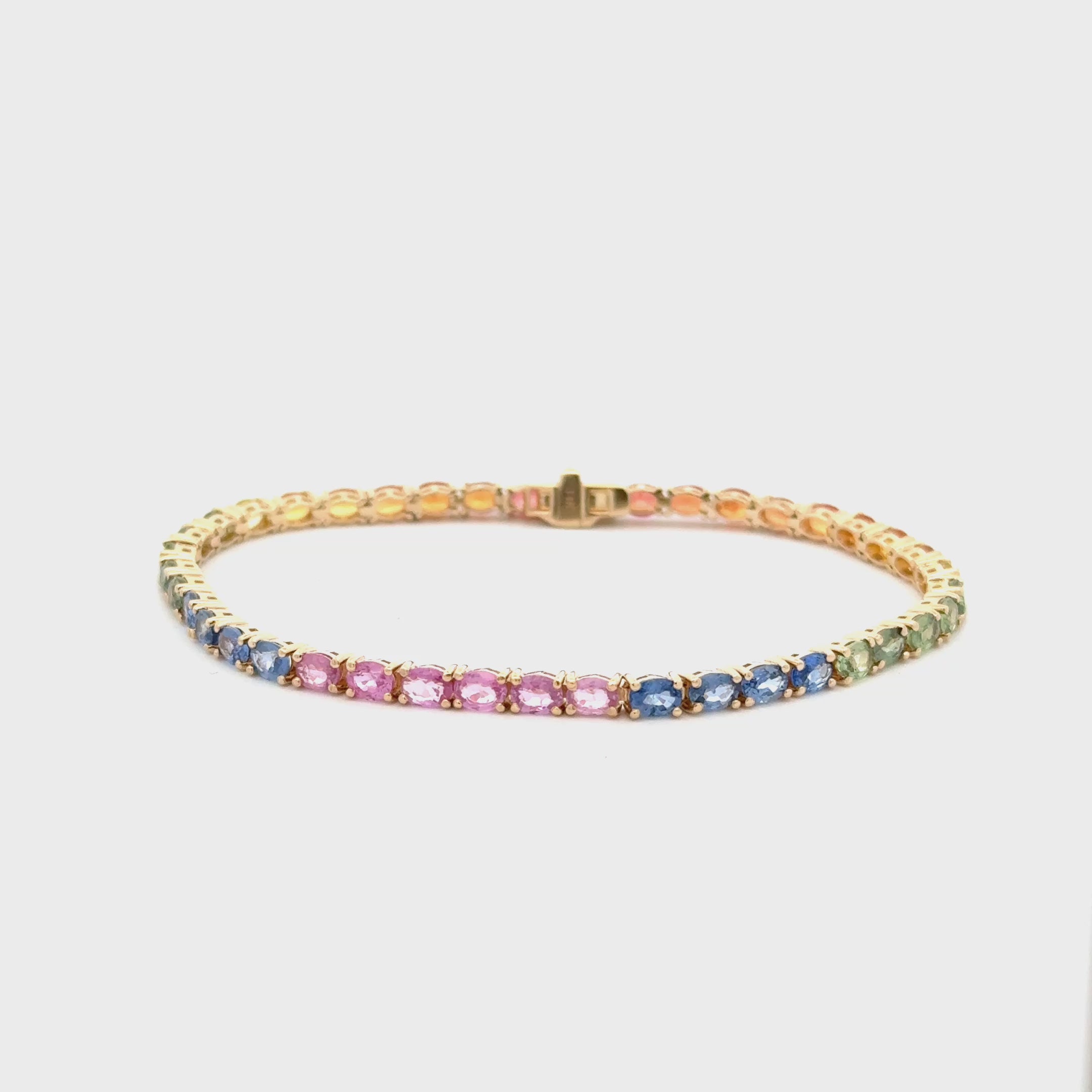 Multicolor Rainbow Oval Sapphires Tennis Bracelet (10.00 ct.) 4-Prongs Setting in 14K Gold